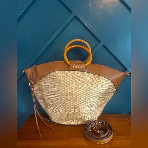 Lanidor Woven Satchel Purse w/ Leather Details Wood Top Handle Adjustabl… - Picture 4 of 9